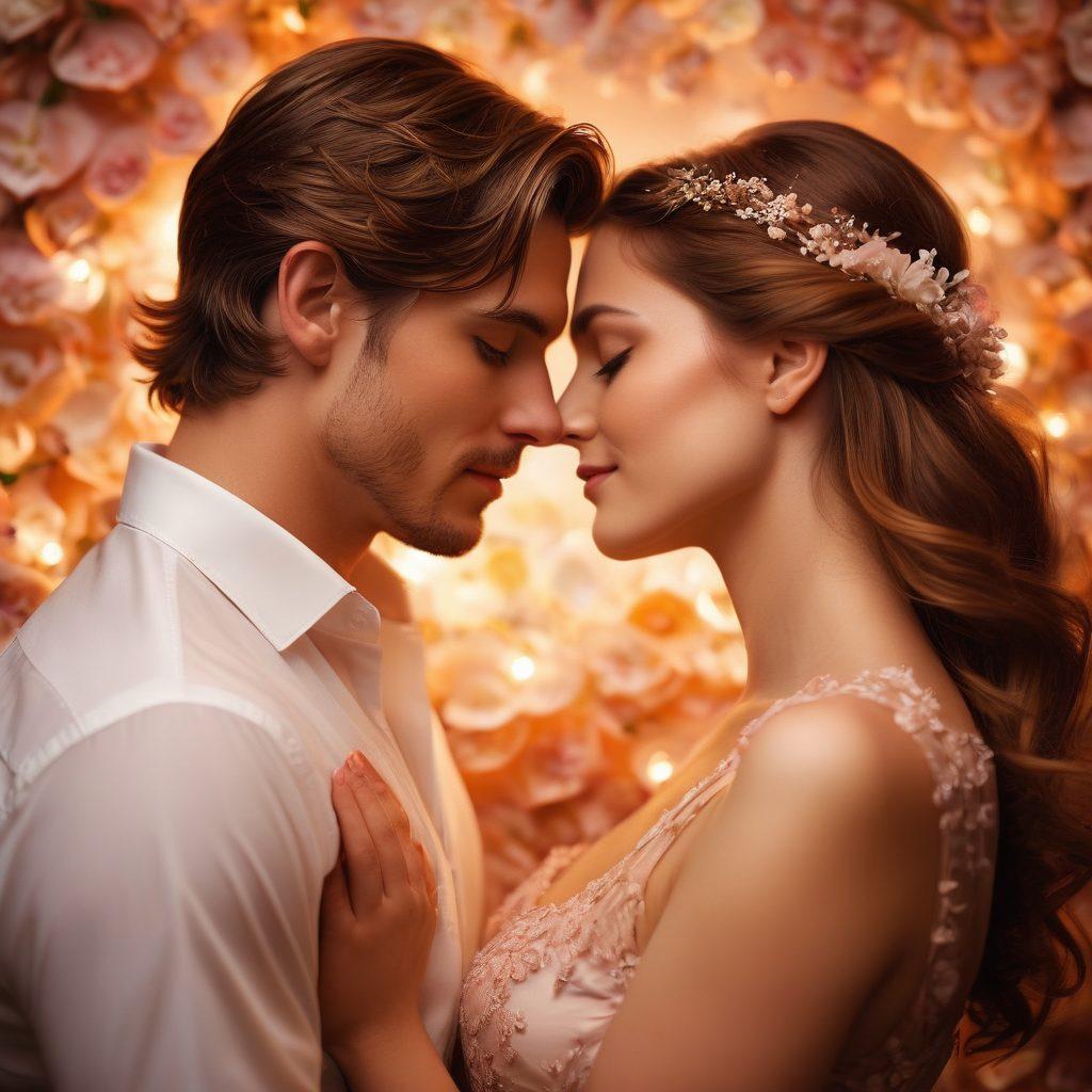A beautifully entwined couple sharing an intimate moment under soft, ambient lighting, surrounded by delicate petals symbolizing romance. Their expressions reflect deep passion and connection, conveying the essence of seduction. The background features subtle hints of luxurious fabrics and warm colors to evoke a cozy atmosphere. super-realistic. vibrant colors. soft focus.