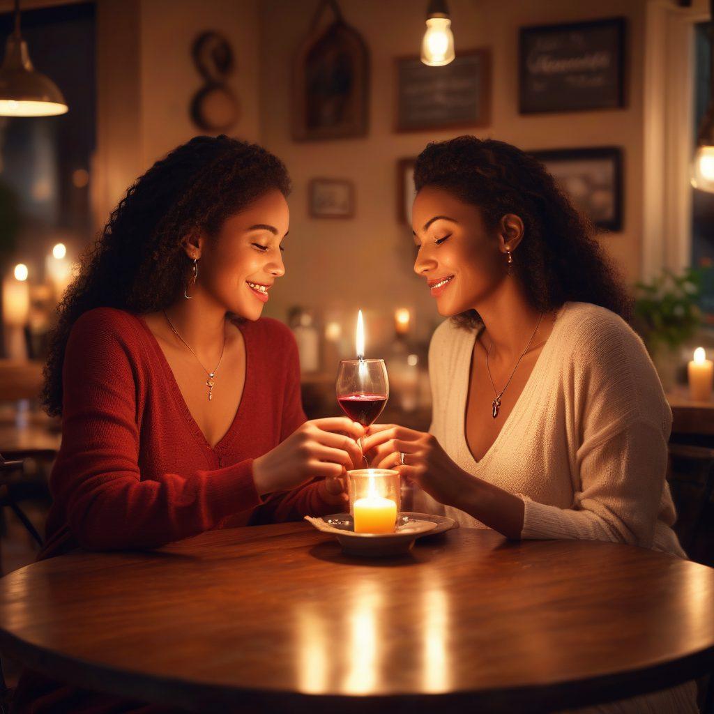 A playful scene depicting two people with flirty expressions in a cozy, dimly-lit cafe, sharing a bottle of wine, surrounded by soft candlelight and romantic decor. Include subtle symbols of intimacy, like intertwined hands or a heart-shaped candle. Capture a warm, inviting atmosphere that conveys excitement and connection. super-realistic. warm tones. intimate lighting.