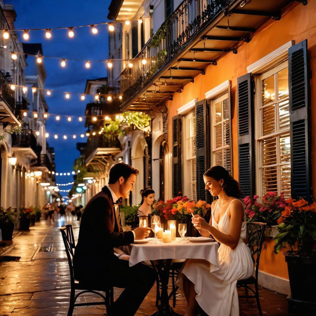 A romantic scene set in a vibrant New Orleans street, featuring a couple sharing an intimate moment over a candlelit dinner at a small table on a balcony adorned with colorful flowers and twinkling fairy lights. The backdrop showcases the iconic architecture of the French Quarter, with street musicians playing jazz nearby, creating a warm and affectionate atmosphere. Soft, dreamy lighting enhances the sensual mood of the image. super-realistic. warm colors. 3D.